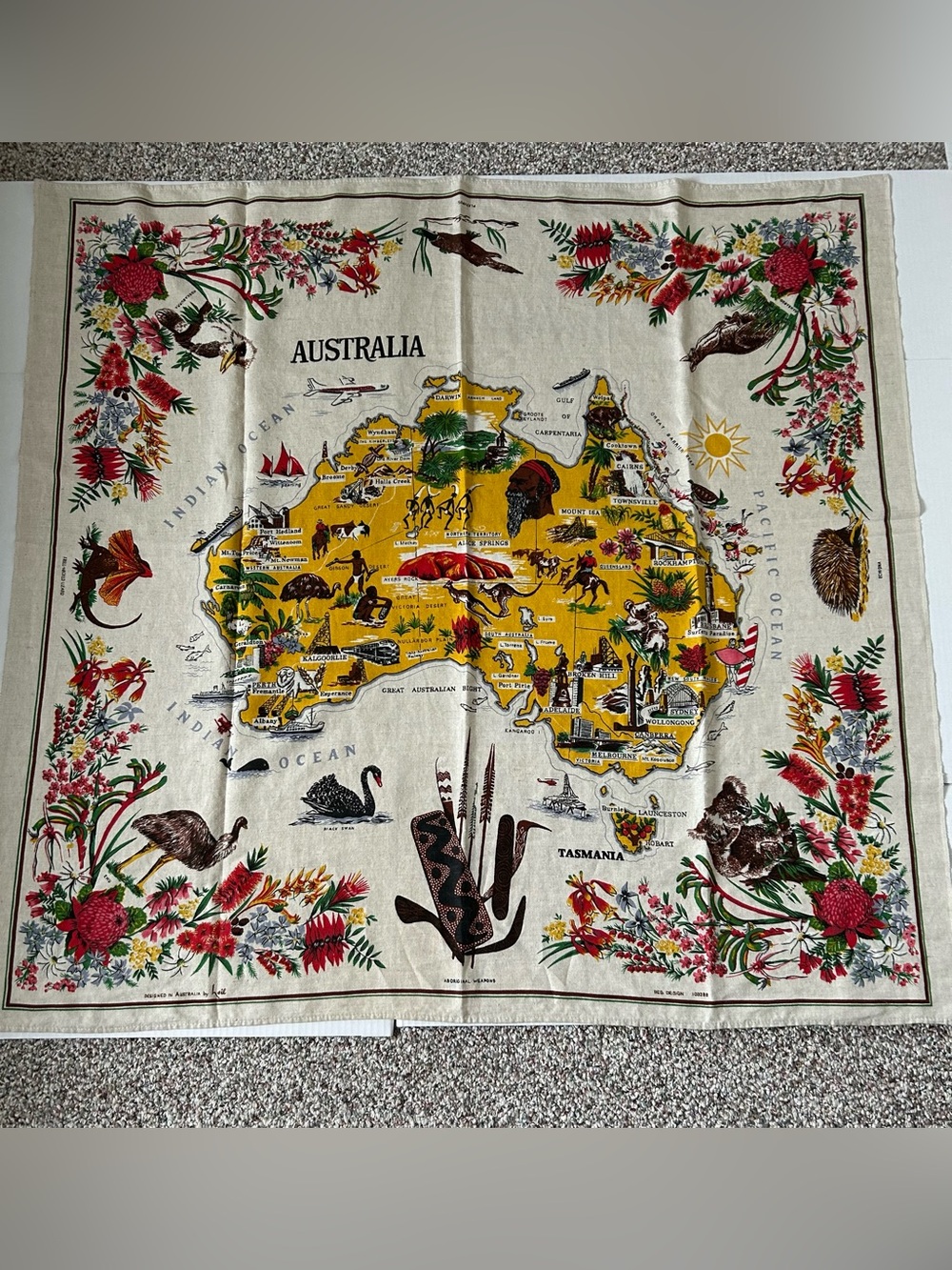 Leil Linen Vintage Australia Map Tapestry with Floral Border Kangaroo Kookaburra
